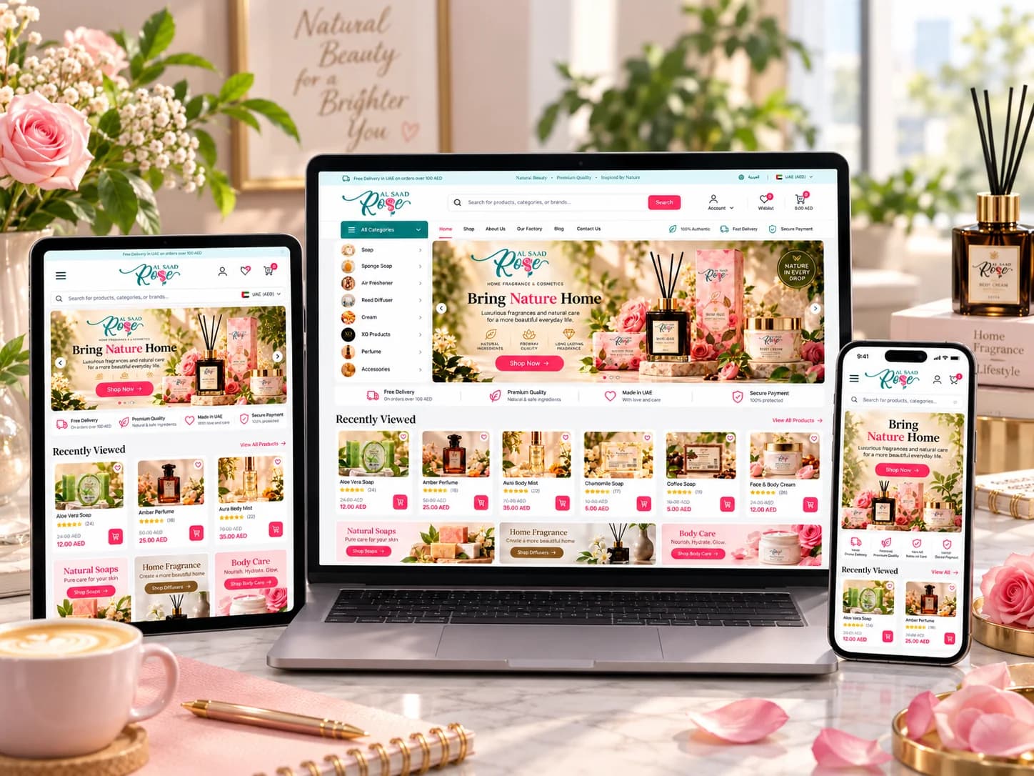 Al Saad Rose cosmetics eCommerce website shown on laptop, tablet and mobile devices