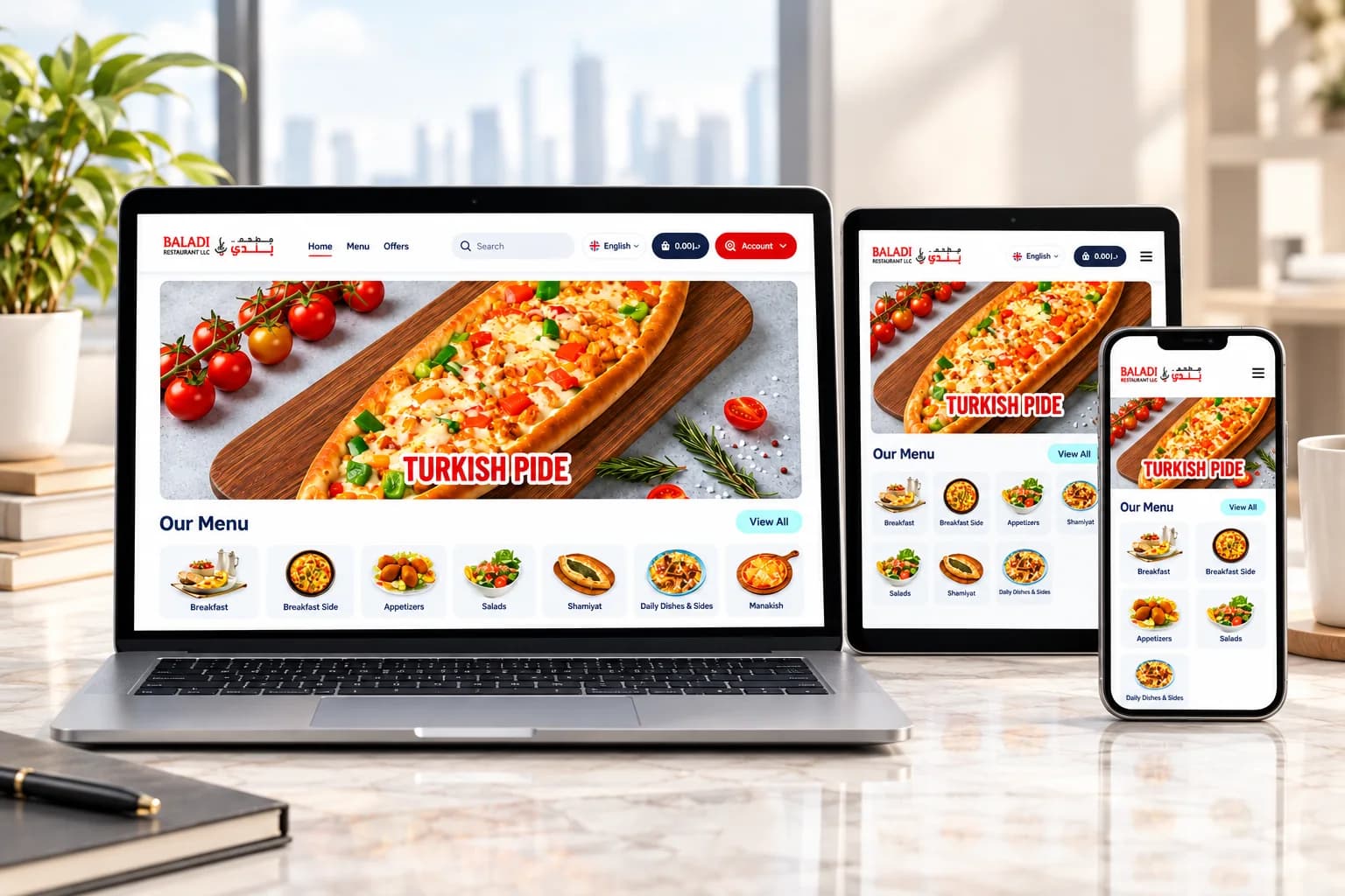 Baladi Restaurant UAE ordering website shown on laptop, tablet and mobile devices