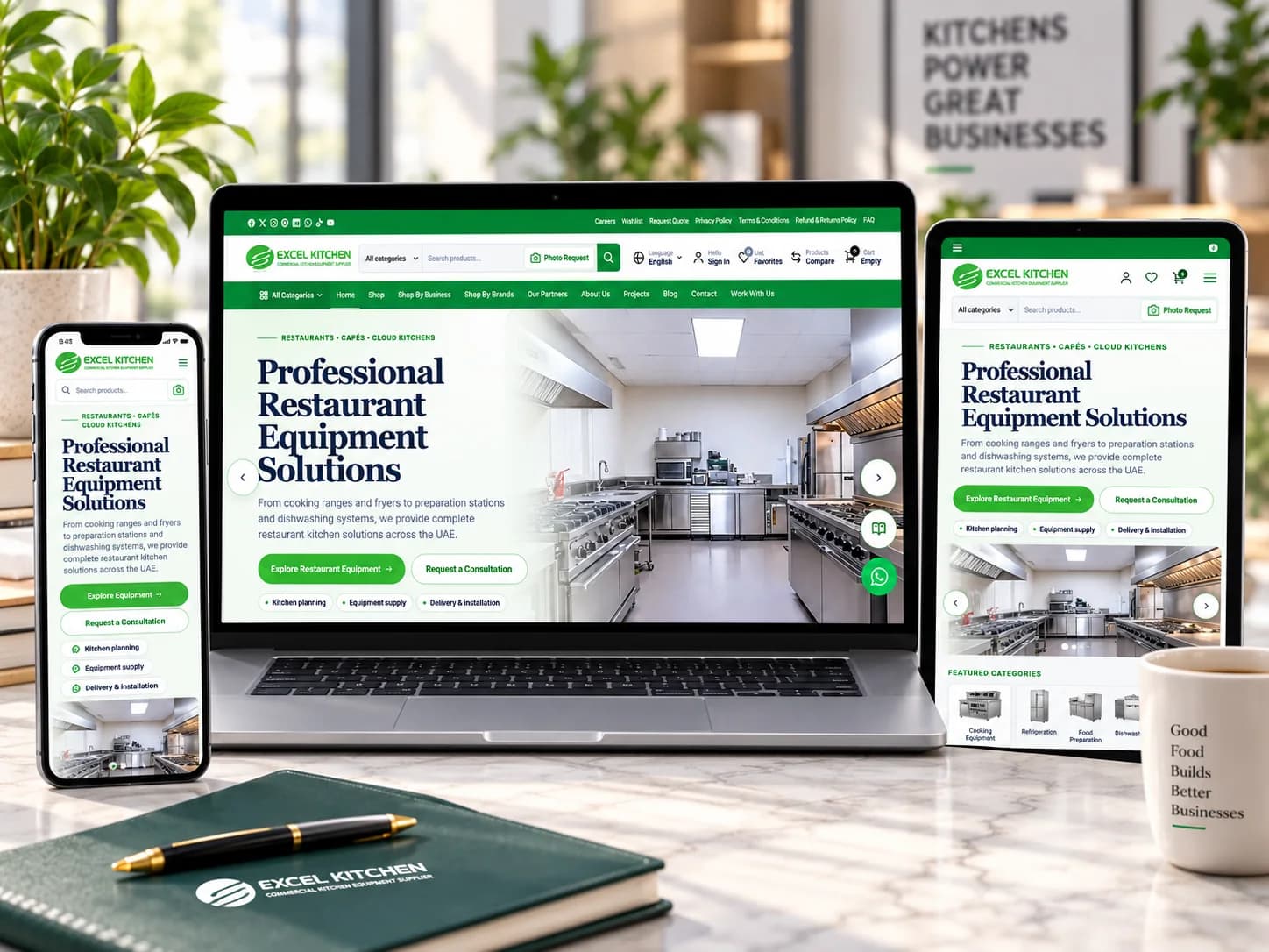 Excel Kitchen UAE commercial equipment website shown on laptop, tablet and mobile devices