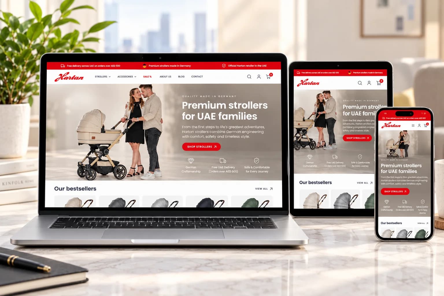 Hartan UAE premium stroller eCommerce website shown on laptop, tablet and mobile devices