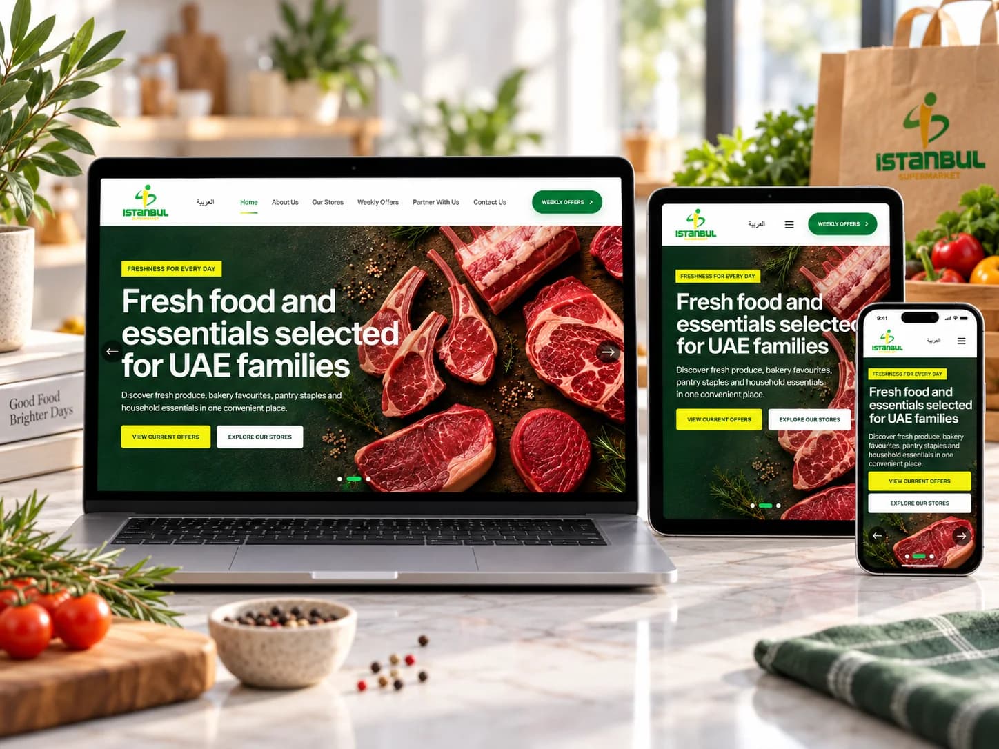 Istanbul Supermarket UAE website shown on laptop, tablet and mobile devices