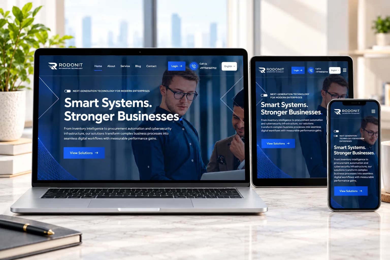 Rodonit Technology corporate website shown on laptop, tablet and mobile devices