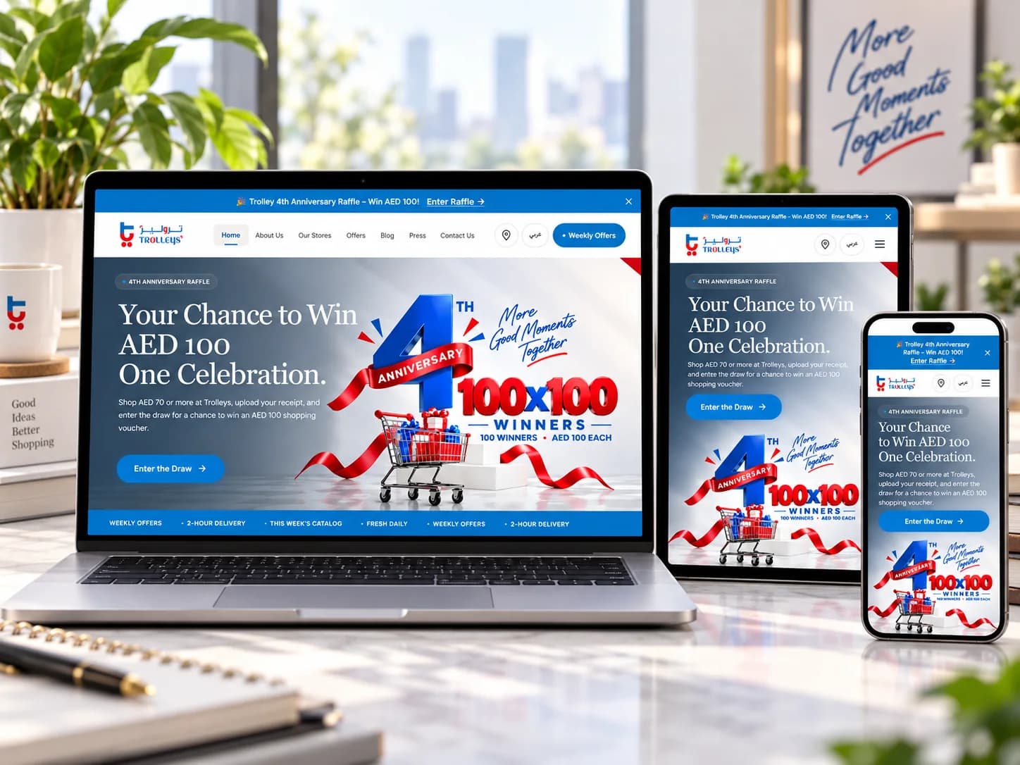 Trolleys Supermarket UAE retail website shown on laptop, tablet and mobile devices