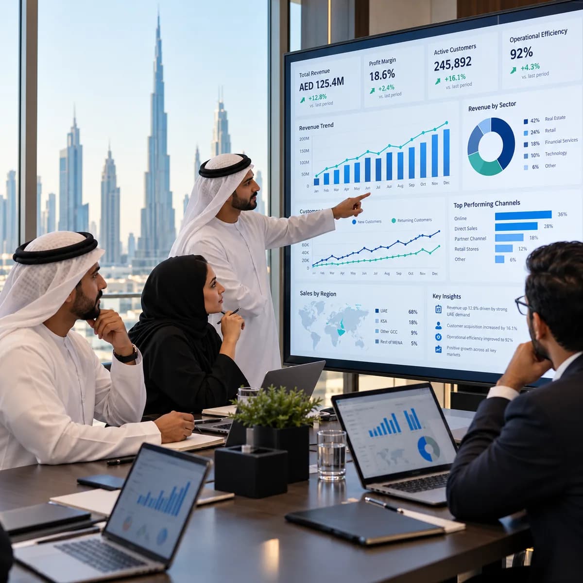 رسم توضيحي لمقال لوحات تحليلات الأعمال لصناع القرار في الإمارات للشركات في الإمارات