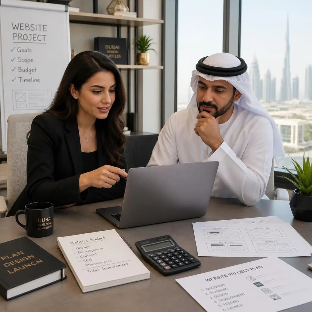 How Much Does Web Design Cost in Dubai in 2026? editorial illustration for UAE businesses