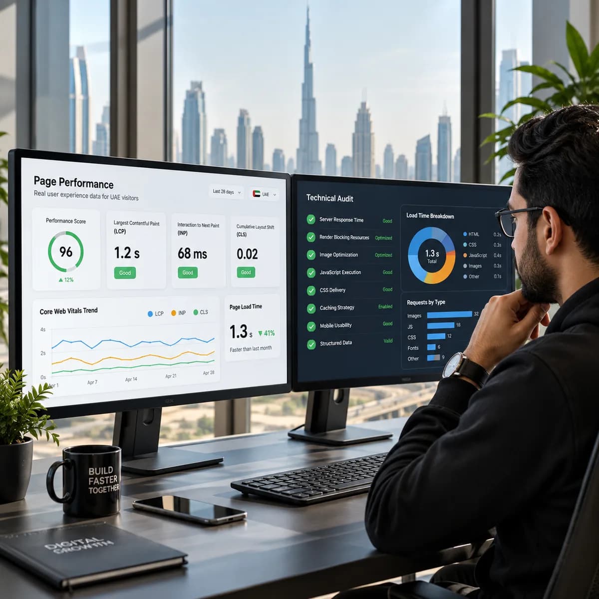 رسم توضيحي لمقال سرعة المواقع ومؤشرات Core Web Vitals لجمهور الإمارات للشركات في الإمارات