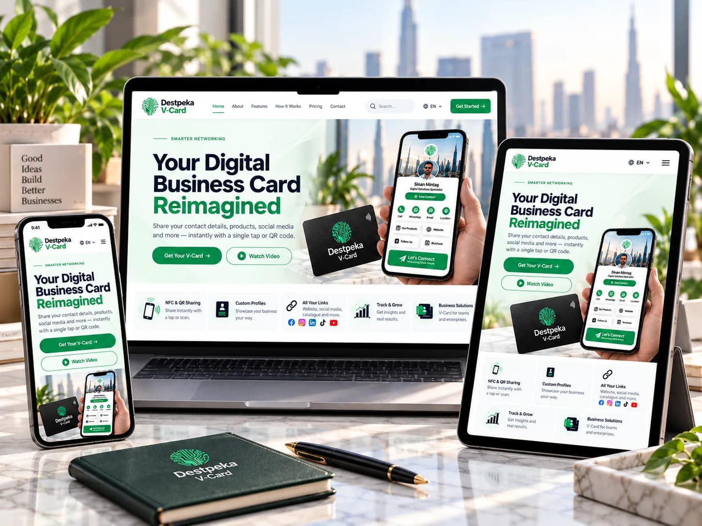 Destpeka V-Card interface on laptop tablet and mobile