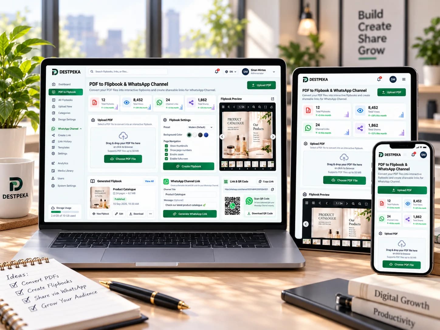 PDF to Flipbook & WhatsApp Channel interface on laptop tablet and mobile