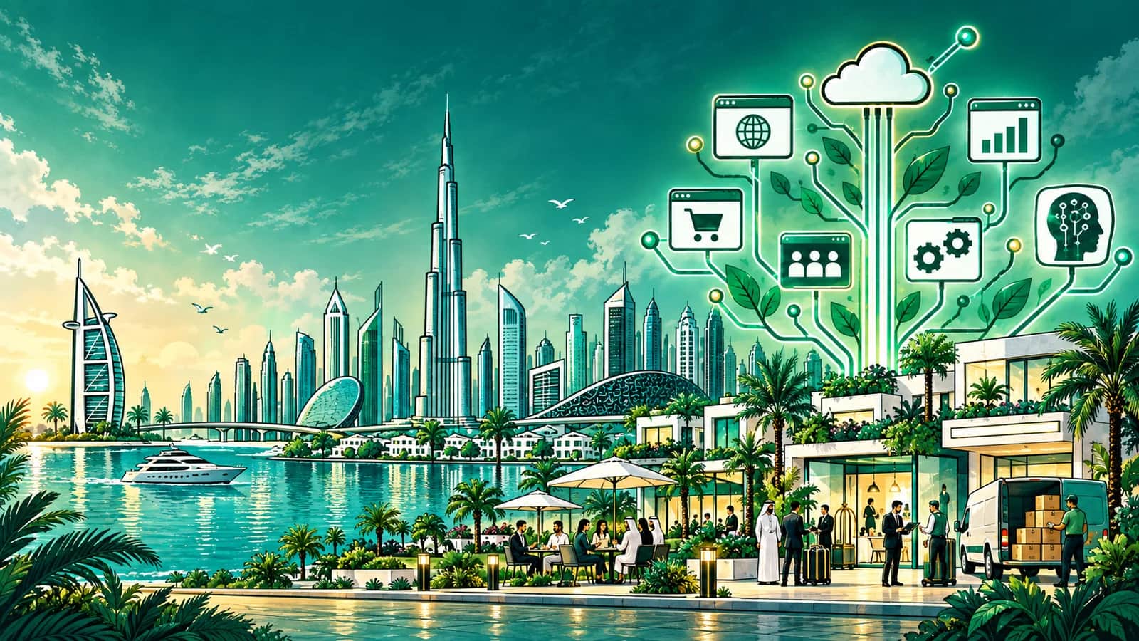 Dubai skyline connected to commerce, CRM, analytics, automation and AI systems