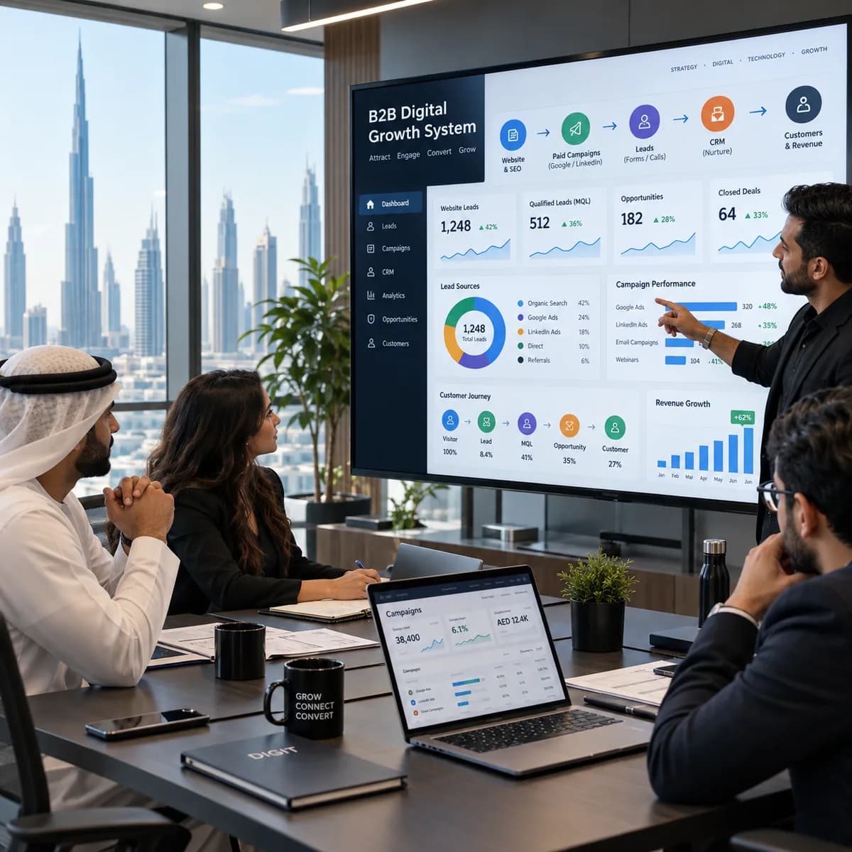 B2B Digital Marketing in the UAE: A Connected Growth System editorial illustration for UAE businesses