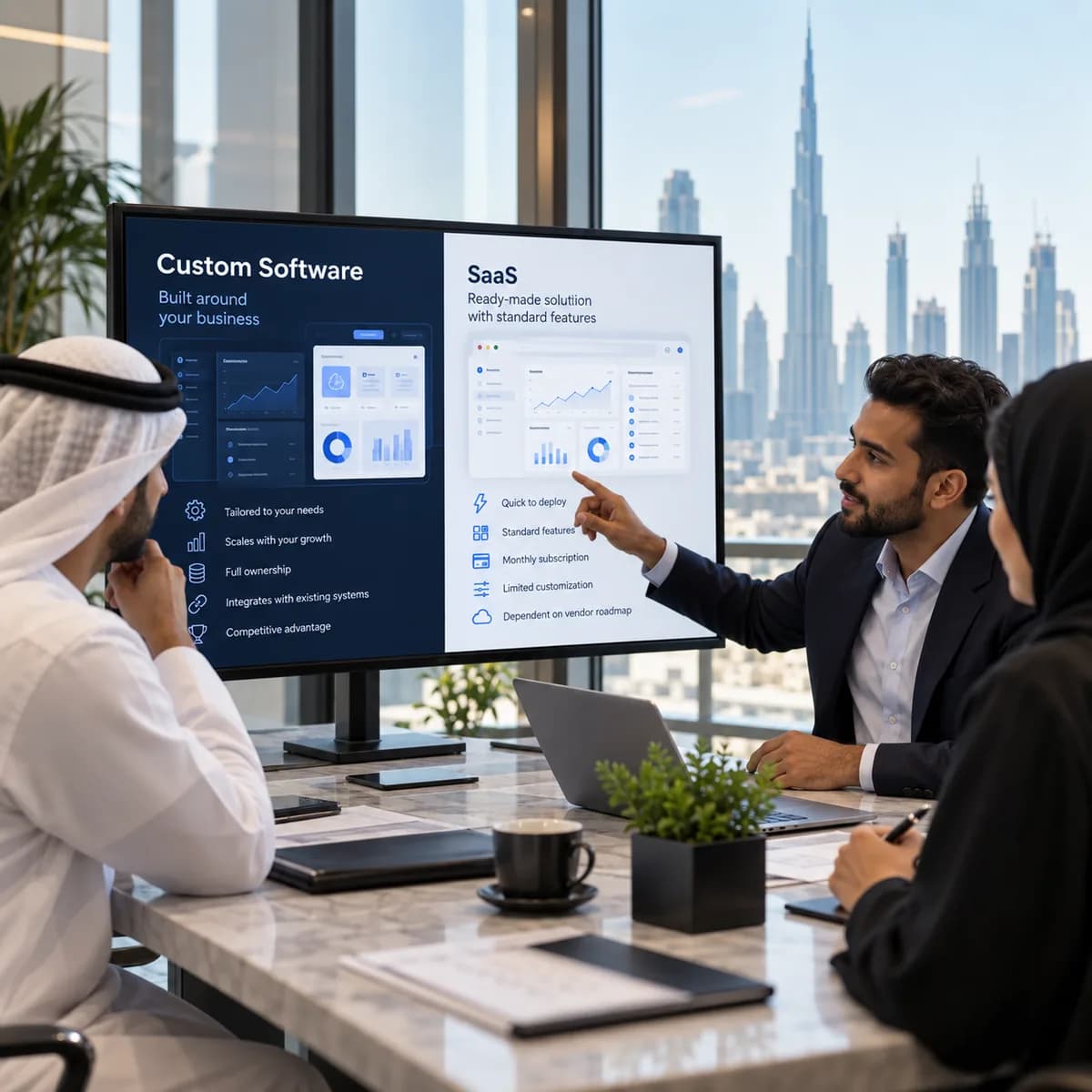Custom Software vs SaaS for UAE Businesses editorial illustration for UAE businesses