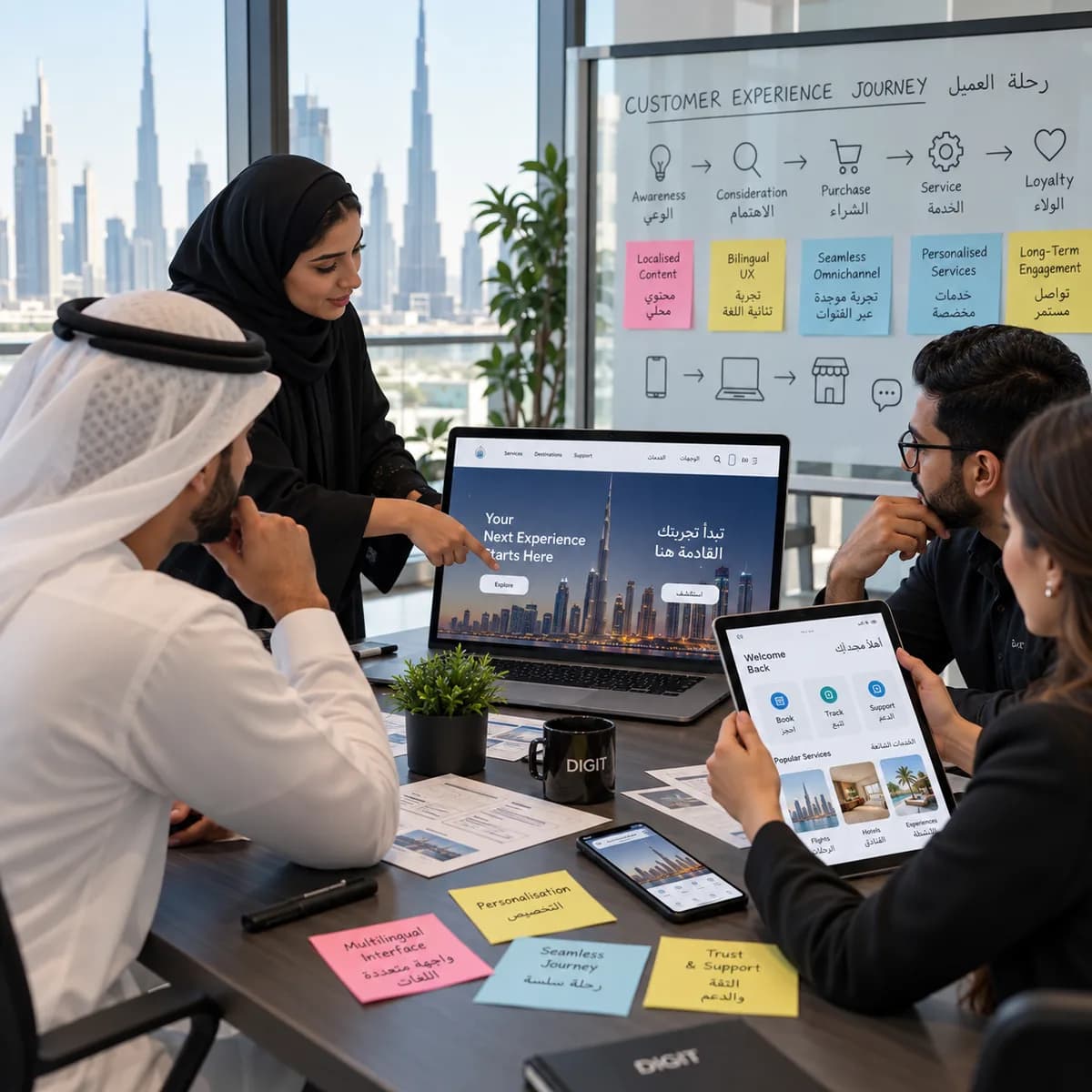 Customer Experience Design for the UAE's Multilingual Market editorial illustration for UAE businesses