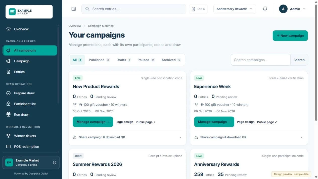 Separate campaigns in the RaffleOps admin panel